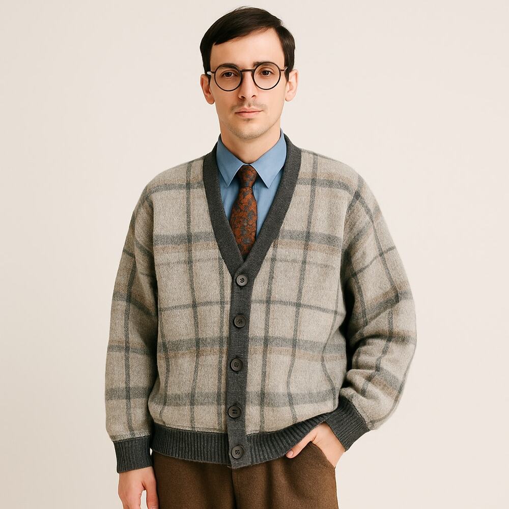 Vintage Tony Lambert gray and black oversized plaid cardigan‎
